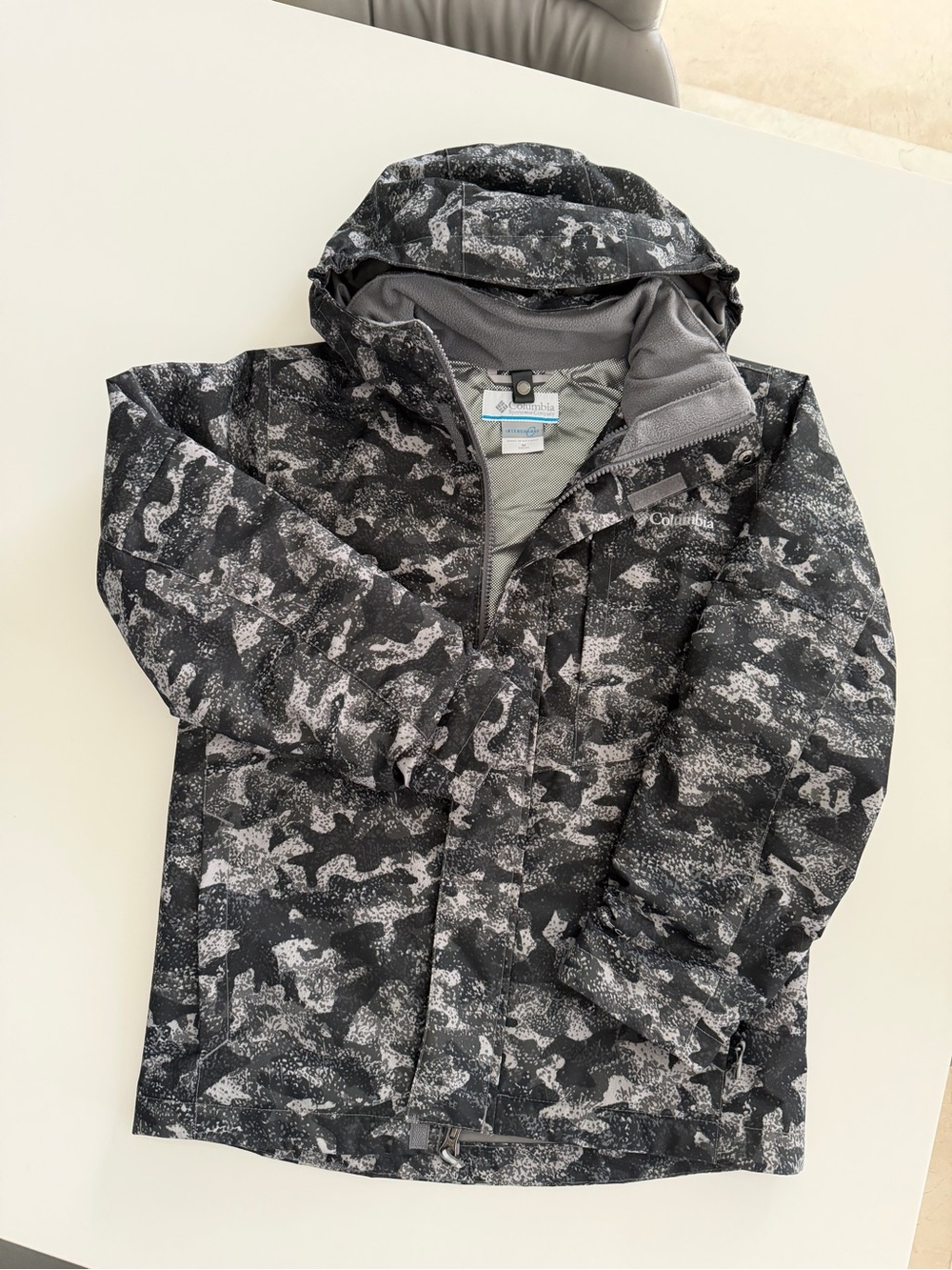 Columbia Kids Black & Gray Camo Rain Jacket with Hood